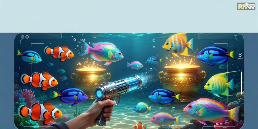 Minh họa giao diện trò chơi bắn cá nổ hũ 69vn với cá đa dạng và hũ jackpot sáng rực