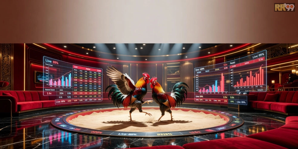 Minh họa khái niệm đá gà casino trực tiếp 69vn với hình ảnh trường đấu hiện đại và màn hình streaming