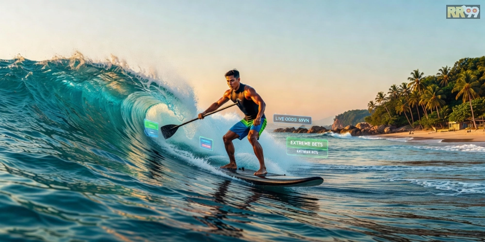 Caption mô tả hình ảnh lướt ván SUP cực hạn trên biển Phú Quốc với sóng lớn