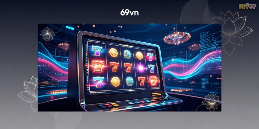 Khái niệm quay nổ hũ 69vn được minh họa qua hình ảnh slot machine hiện đại và jackpot hấp dẫn